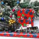 AUCLAY Reversible Christmas Wrapping Paper Roll for Kids Men Women Baby - Red Monster Truck & Santa, Merry Christmas Lettering with Stars in Black - Holiday Gift Wrap Paper, 17.7 Inch X 33 Feet