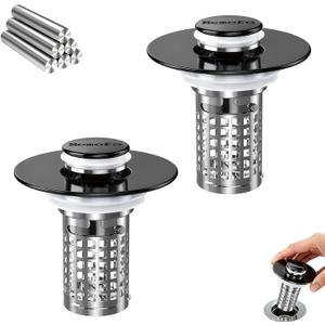 2 x Bathroom Sink Drain Strainer, Stainless Steel Pop-up Strainer Basket Hair Catcher with Removable Basket, Brass Bullet Core, Universal Fit 1.1-2.36 Inch Matte Black(2PCS)