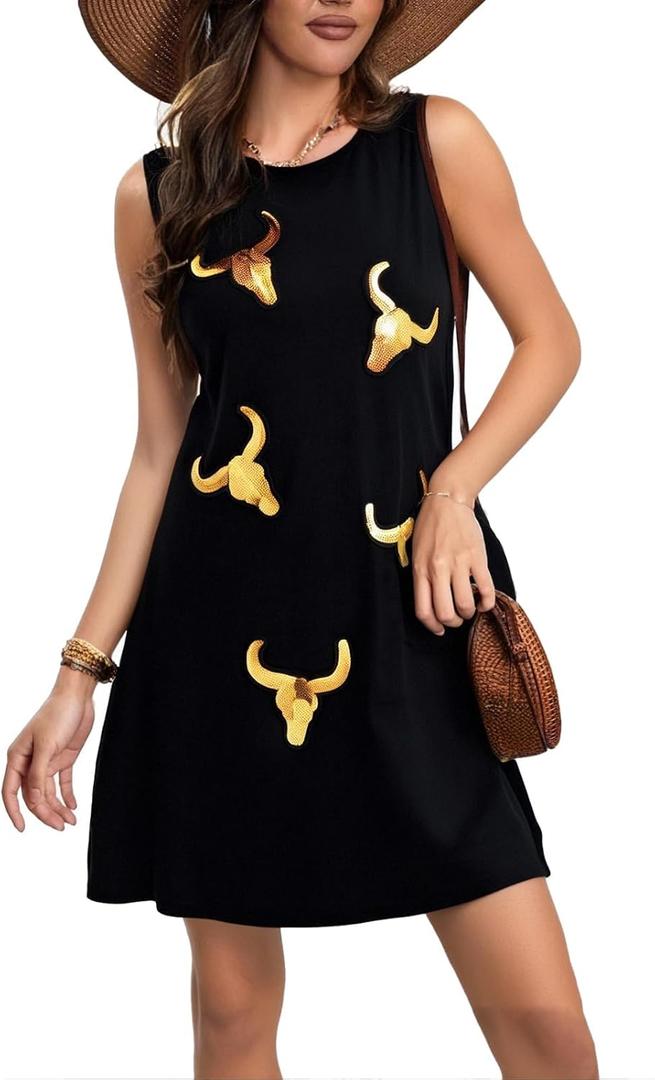 UNIQUEONE Western Dress for Women Sequin: Country Concert Outfits Boho Cow Skull Cowgirl Sleeveless Dresses (XX-Large)