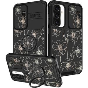 Funermei for Samsung Galaxy A36/A56 5G Phone Case - Women Girls Cute Phone Cover Girly Pretty Aesthetic Gold Flower Unique Design with Camera Cover Ring Stand Funda for A36/A56 5G Case, Black Flower