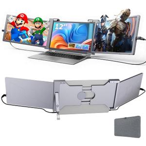 12" Triple Laptop Screen Extender, 1080P IPS FHD Portable Laptop Monitor Extended, Plug & Play Screen Extender with USB-C/HDMI for Mac/Windows/Chrome/Android (Grey)