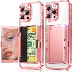 Meifigno for iPhone 16 Pro Max Case Wallet (3-4 Cards & Cash), Built-in Mirror & Kickstand, Surround Raised Lens Protection, Metal Plating Glossy for 16 Pro Max Case with Card Holder Women, Rose Gold