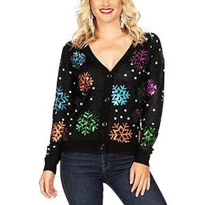 Tipsy Elves Classic Cute Cardigan Ugly Christmas Sweaters for Women with Fun Patterns and Animals XL, Sequin Snowfall (Black)