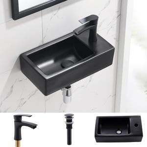 Wall Mount Corner Bathroom Sink with Faucet-Bokaiya 18 Inch Small Bathroom Sink Matte Black Porcelain Ceramic Cloakroom Mini Wall Mount Floating Vessel Sink with Faucet and Drain Combo, Right Hand, 18" L X 9.8" W