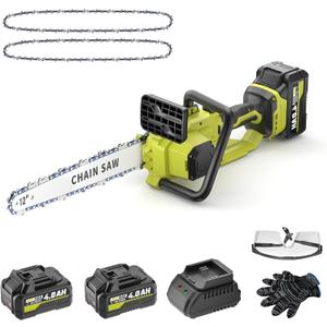 SEYVUM Brushless 12 Inch Chainsaw Cordless, 20V Battery Chainsaw with 2 x 4.0Ah Batteries, 2 x Chains, Electric Chainsaws with Tool-free Chain Tension, Auto Oiling for Wood Cutting Trimming Branch