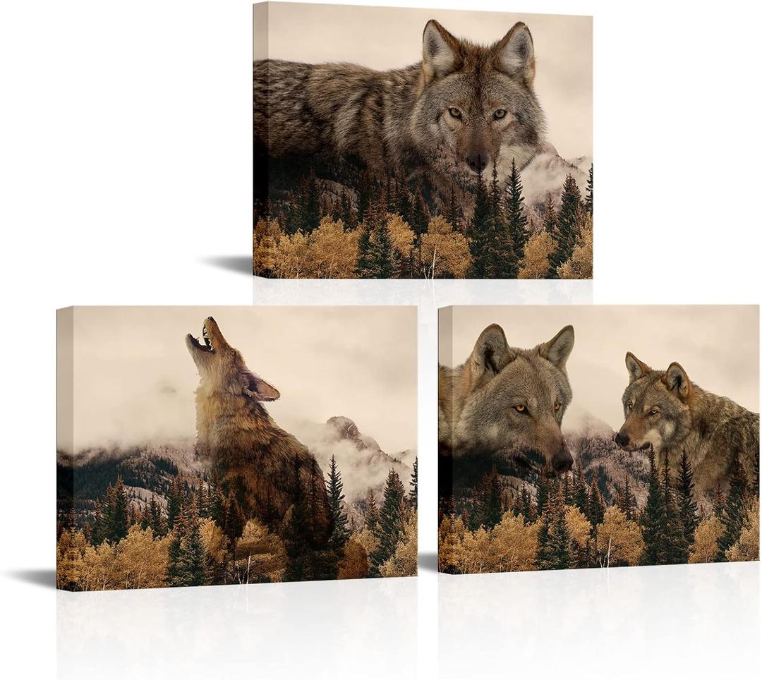 OuElegent 3 Pieces Wolf Canvas Print Wall Art Wild Animal Painting Picture Stretched and Framed for Living Room Bedroom Bathroom (small)