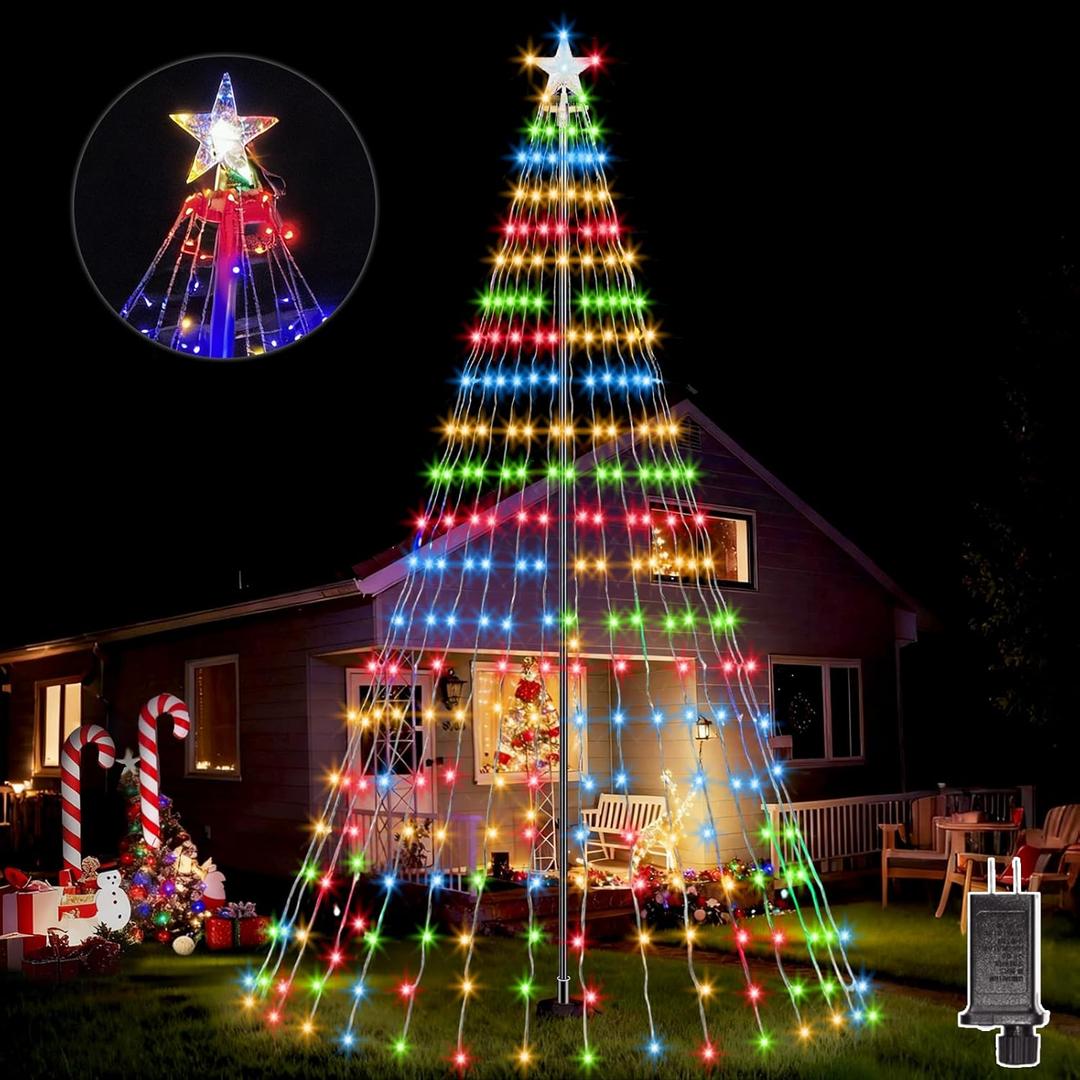 23FT Outdoor Flag Pole Christmas Tree Light Kit, 630 LED FlagPole Christmas Tree Lights with Star Topper 8 Modes, Flag Pole Waterfall Christmas Lights with Ring for Flagpole Xmas Decorations Yard missing parts