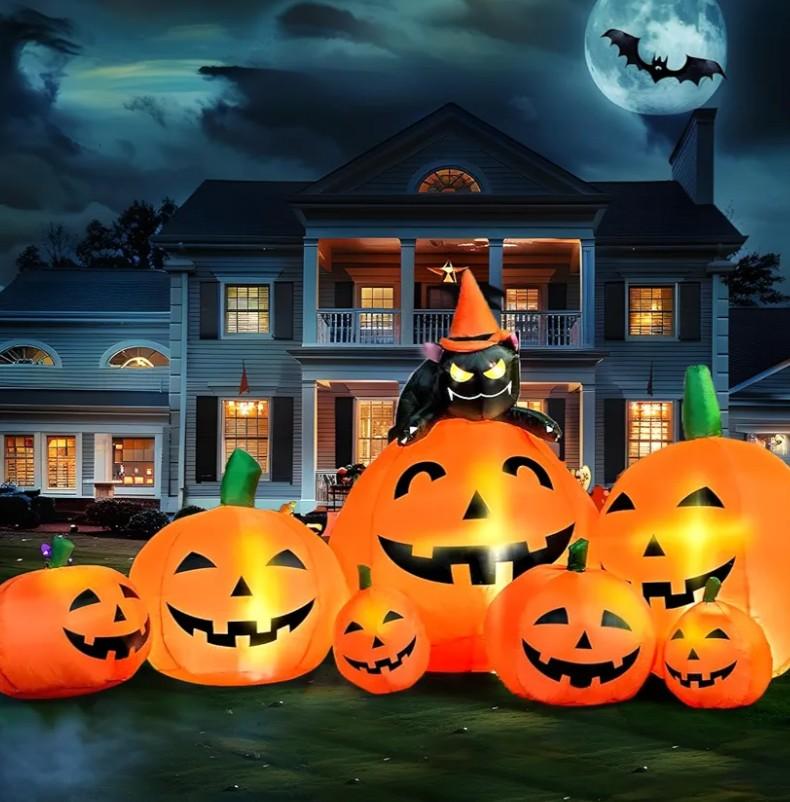 Joiedomi 7 FT Long Halloween Inflatables Pumpkin Outdoor Decorations, 7 Pumpkins Outside Decoration with Witch's Cat with Build-in LEDs Blow Up Inflatables for Party Yard Lawn Garden Decor