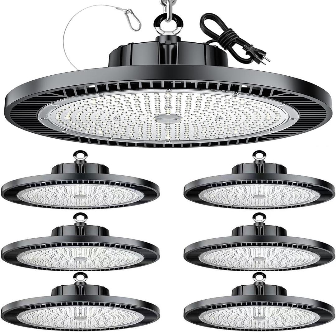 THELUX 6Pack Super Bright 200W LED High Bay Light with 30000lm 5000K,100V-277V,5000K with US Plug, 5Cable High Bay Led Shop Lights for Warehouse Workshop Factory Gym Garage with FCC certificated