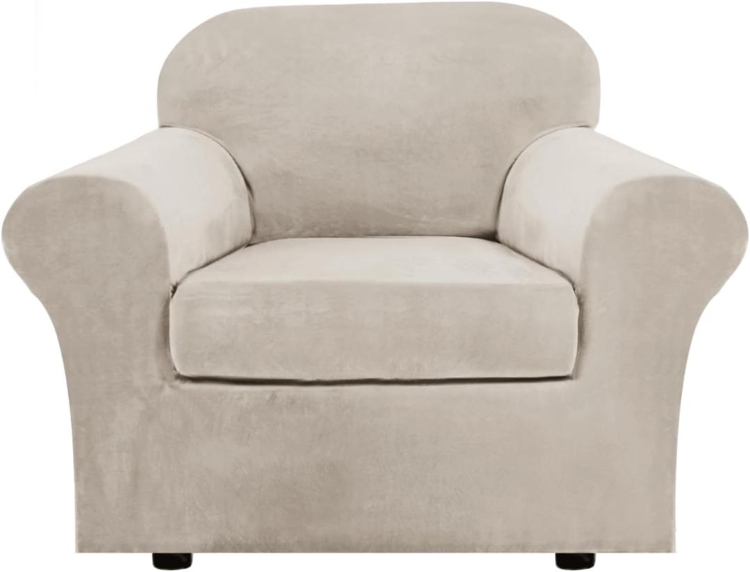 H.VERSAILTEX Rich Velvet Stretch 2 Piece Cover Chair Slipcover Sofa Cover Furniture Protector Couch Soft with Elastic Bottom Chair Couch Cover Width Up to 49 Inch (Chair, French Oak)