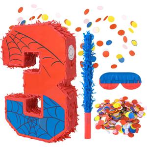 Number 3 Birthday Pinata for Kids, Spider Theme Pinata 16 Inch with Stick, Blindfold & Confetti, Superhero Party Decorations for Boys and Girls (3th)