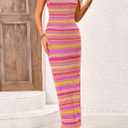 PRETTYGARDEN Womens Maxi Tank Spring Dress Sleeveless Crew Neck Striped Side Slit Casual Long Bodycon Dresses (Pink, XL)