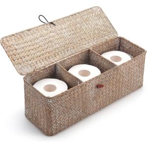Whitewash Seagrass Tank Basket with Lid Woven Toilet Roll Storage Basket with Sections Rectangular for Organize Snack Toys (Large Compartment 16.5inch L x 5.5inch W x 5.5inch H)