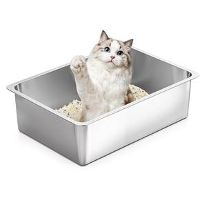 Kirecoo Stainless Steel Cat Litter Box, Large Metal High Sided Cat Pan Box, Indoor Litter Tray, Non Stick, No Smell, Easy to Clean, Pet Toilet Supplies for Cats