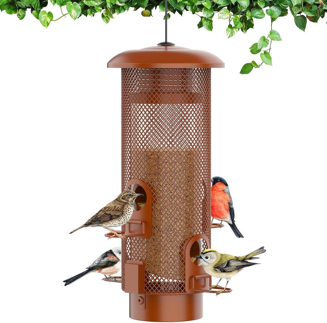 Metal Squirrel Proof Bird Feeder,Bird Feeders for Outdoors,Weight Activated Squirrel Proof Wild Bird Feeders with Finch Cardinal Chickadee,Large Capacity,Weatherproof and Durable,Reddish Brown (2.0LB)