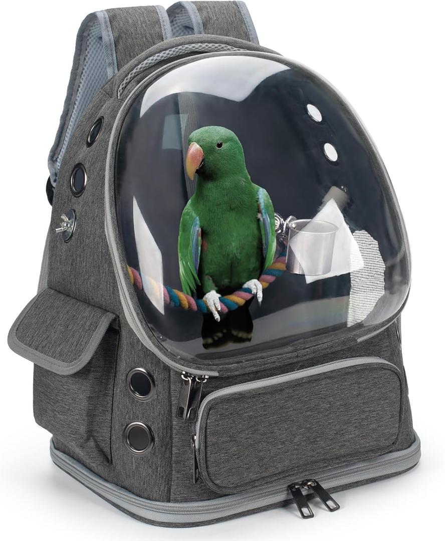 Bird Backpack Carrier Travel Cage with Perch, Tray and Breathable Clear Window, Bird Travel Cage for Cockatiel Caique Conure Quaker, for Vetting Camping Hiking (Grey)