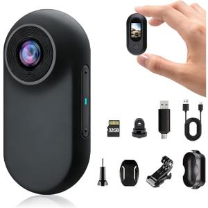 Mini Body Camera 1080P, Thumb Action Cam with Built in 32GB Memory Card, Helmet Sports Camera, Body Cam for Work, Cycling, Sports(Black)