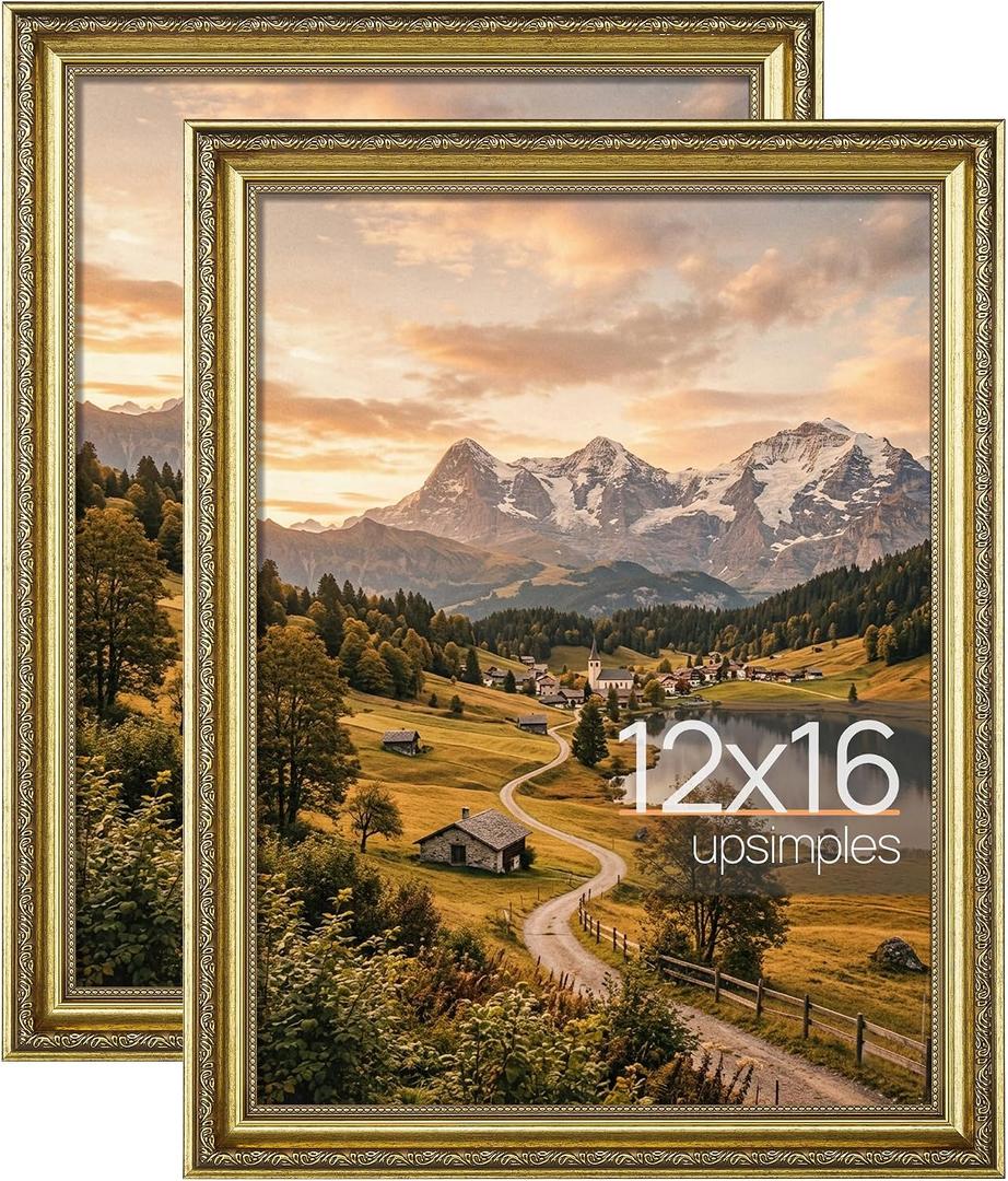 upsimples Vintage 12x16 Picture Frame, Antique Gold Frames, 2 Pack