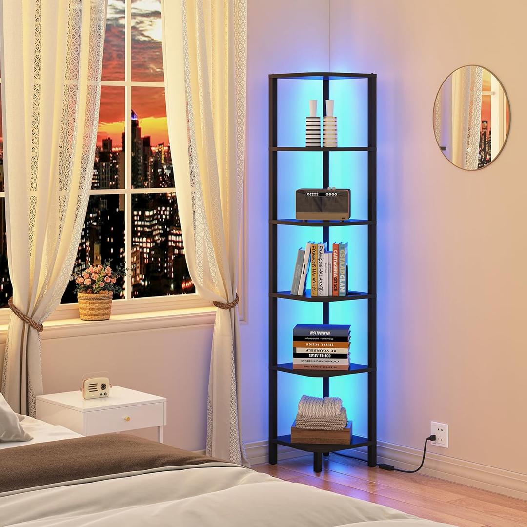 TUTOTAK Corner Shelf with LED Light, 6-Tier Corner Bookshelf for Small Space, Narrow Display Corner Shelf Stand with Storage Rack, for Living Room, Bedroom, Black BS08BK006L