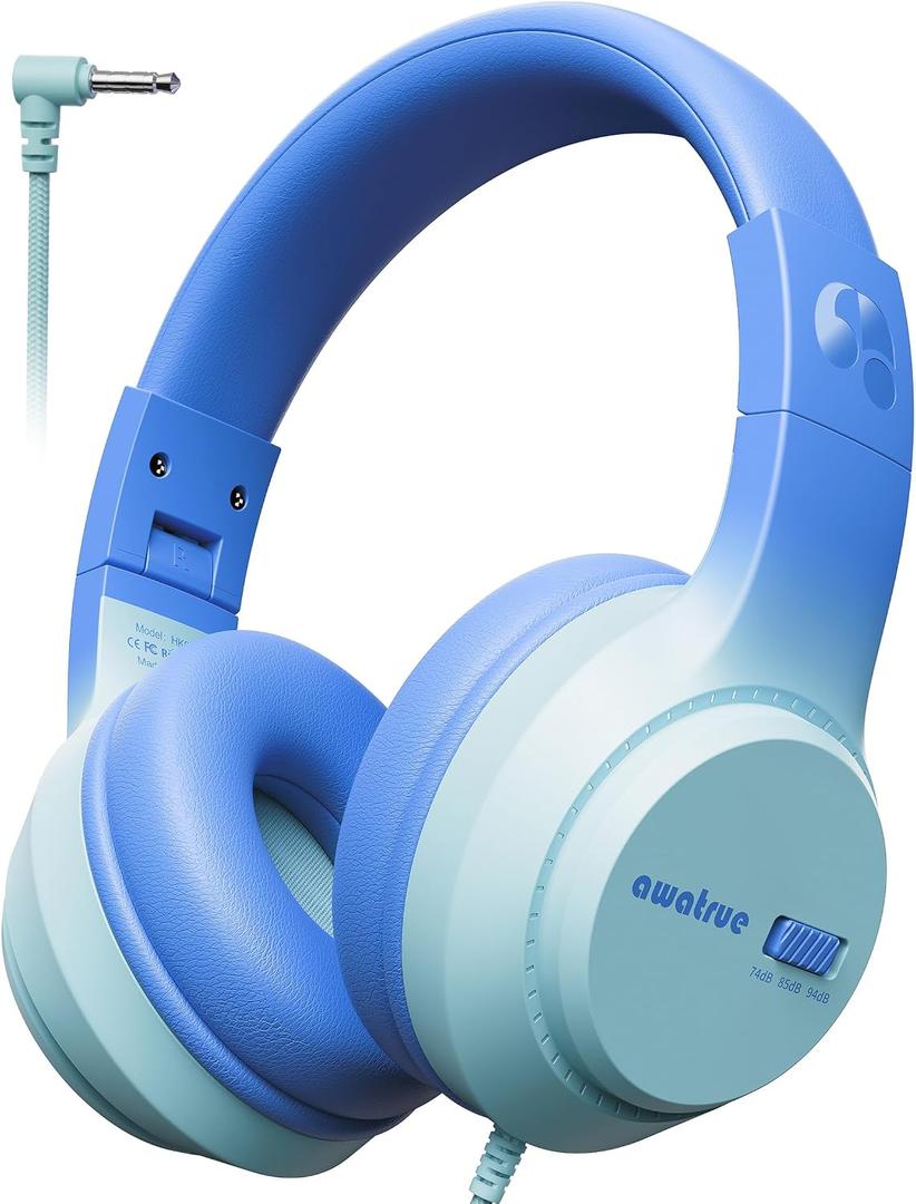 Awatrue Kids Headphones, 74/85/94dB Volume Limiter, Foldable Wired Over Ear Headphones for Travel, 3.5mm Jack, Toddler Headphones for School, Chromebook, iPad, Tablet, Blue