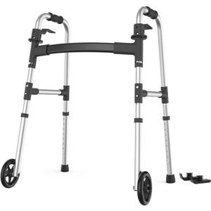 Walkers for Seniors, Folding Walker with Ski Glides 5'' Front Wheel Medical Lightweight Walker Height Adjustable Aluminum Standard Walker for Handicap and Adults (Silver)