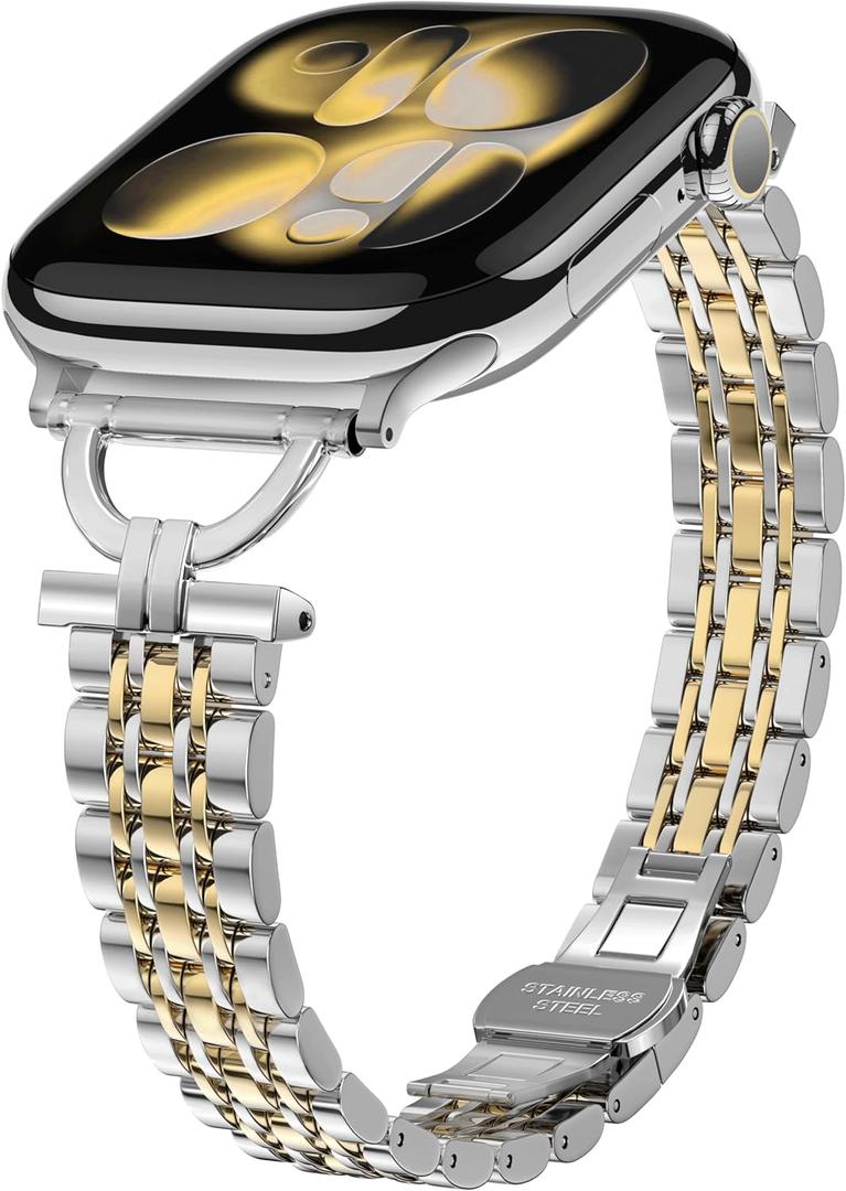 Slim Stainless Steel Band Compatible with Apple Watch Series 11/10/9/8/7/6/5/4 46mm 45mm 44mm 42mm, Women's Fashion Elegant Metal Strap for iWatch SE 2/3,Silver/Gold