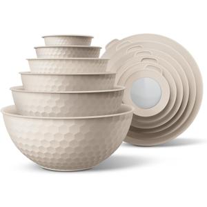 COOK WITH COLOR Mixing Bowls with Lids - 12 Piece Plastic Nesting Bowls Set includes 6 Prep Bowls and 6 Lids, Microwave Safe Mixing Bowl Set, Cream Embossed