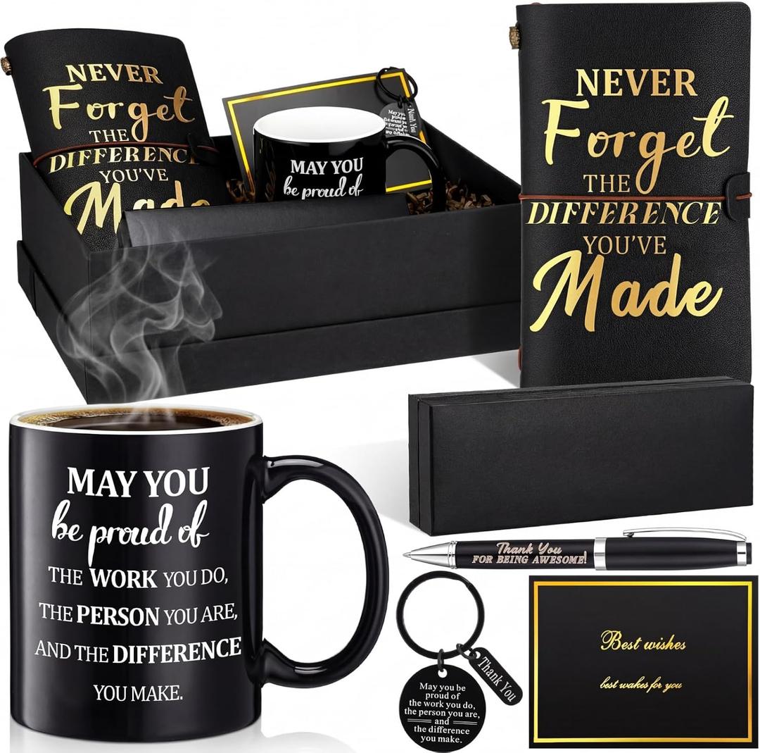 Shellwei 6 Pcs Employee Appreciation Gifts for Men Thank You Gifts for Male Coworker Manager Teacher Boss Father's Day Dad gift Mug Tumblers Leather Inspirational Notebook Keychain Pen Card Box