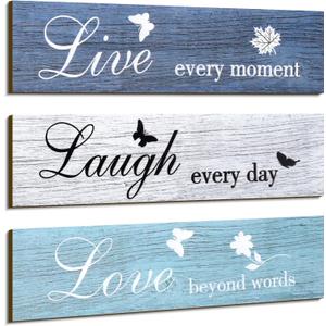 Jetec 3 Pieces Rustic Wood Sign Wall Decor Live Love Blessed Family and Love Quote Sign Farmhouse Wall Mount Decoration for Home Kitchen Living Room, 12 x 3 x 0.2 Inch(Blue Series,Classic)