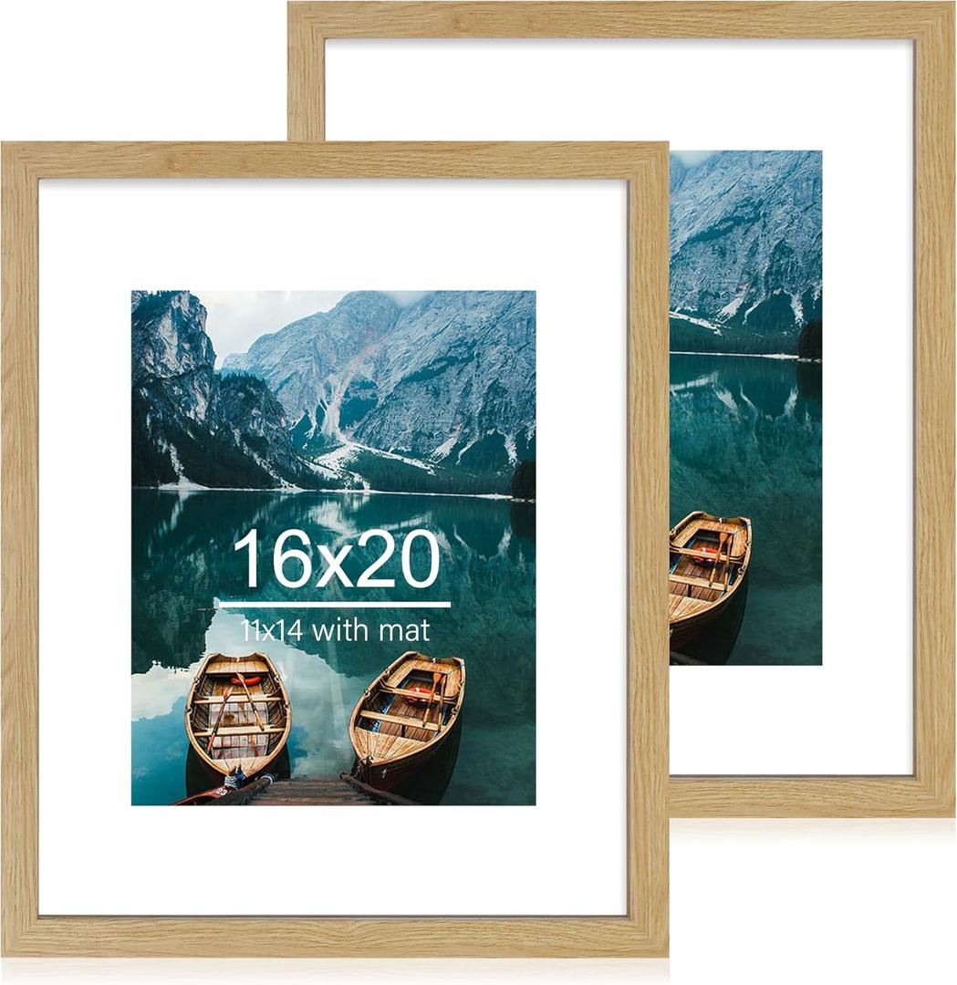 Hongkee 16x20 Frames Set of 2, Natural Oak Wood Style - Display 16 x 20 Picture without Mat or 11x14 Picture with Mat, Wall Mounting Horizontal and Vertical