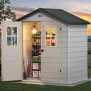 DWVO 6x4.4 FT Outdoor Storage Shed, Plastic Garden Tool Shed with 2 Windows, Double-Wall Outside Shed for Lawn Mower, Garden Tool for Backyard, Patio, Lawn, Lockable, Greige & Gray