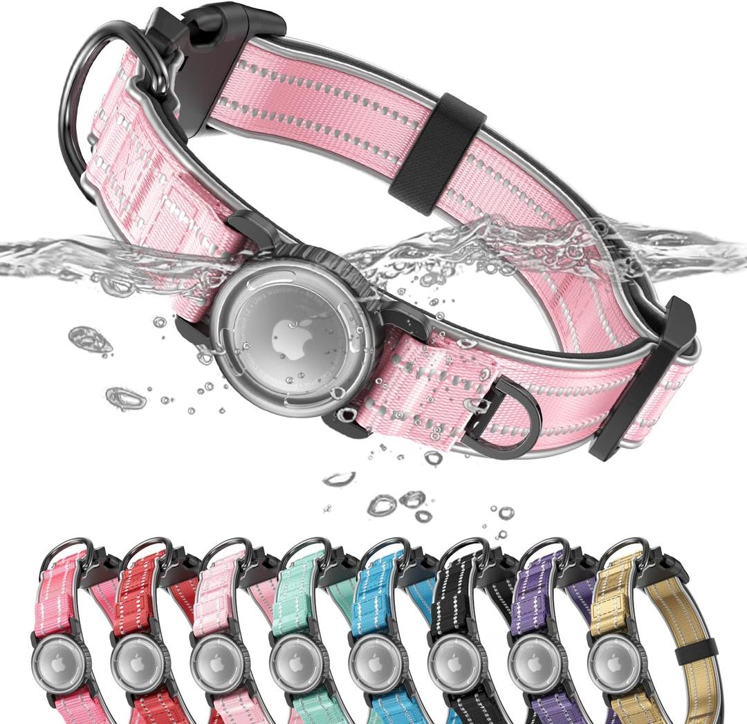 Upgrade Airtag Dog Collar,with IPX8 Waterproof AirTag Holder | Reflective Ultra-Durable | Soft Padded | Lock Buckle | Heavy Duty | Fit Small Medium Large DogsPink1M(15"19")