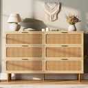 GarveeHome Rattan 6 Drawer Dresser for Bedroom, Large Double Dresser with Deep Drawers, Wooden Chest of Drawers for Closet with Wide Top, for Living Room, Hallway, Kids Room, Natural