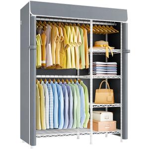 ULIFHOME F2C Clothes Rack with Cover, Clothing Racks for Hanging Clothes, Heavy Duty Garment Rack with Shelves and Hanger Rods, White Closet with Gray Cover, 47.2" W x 16.5" D x 78.3" H, Load 630lbs