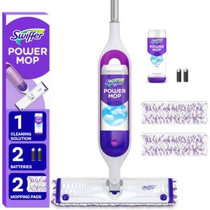 Swiffer PowerMop Multi-Surface Mop Kit for Floor Cleaning, Fresh Scent, Mopping Kit Includes PowerMop, 2 Mopping Pad Refills, 1 Floor Cleaning Solution with Fresh Scent and 2 Batteries (Purple and White)