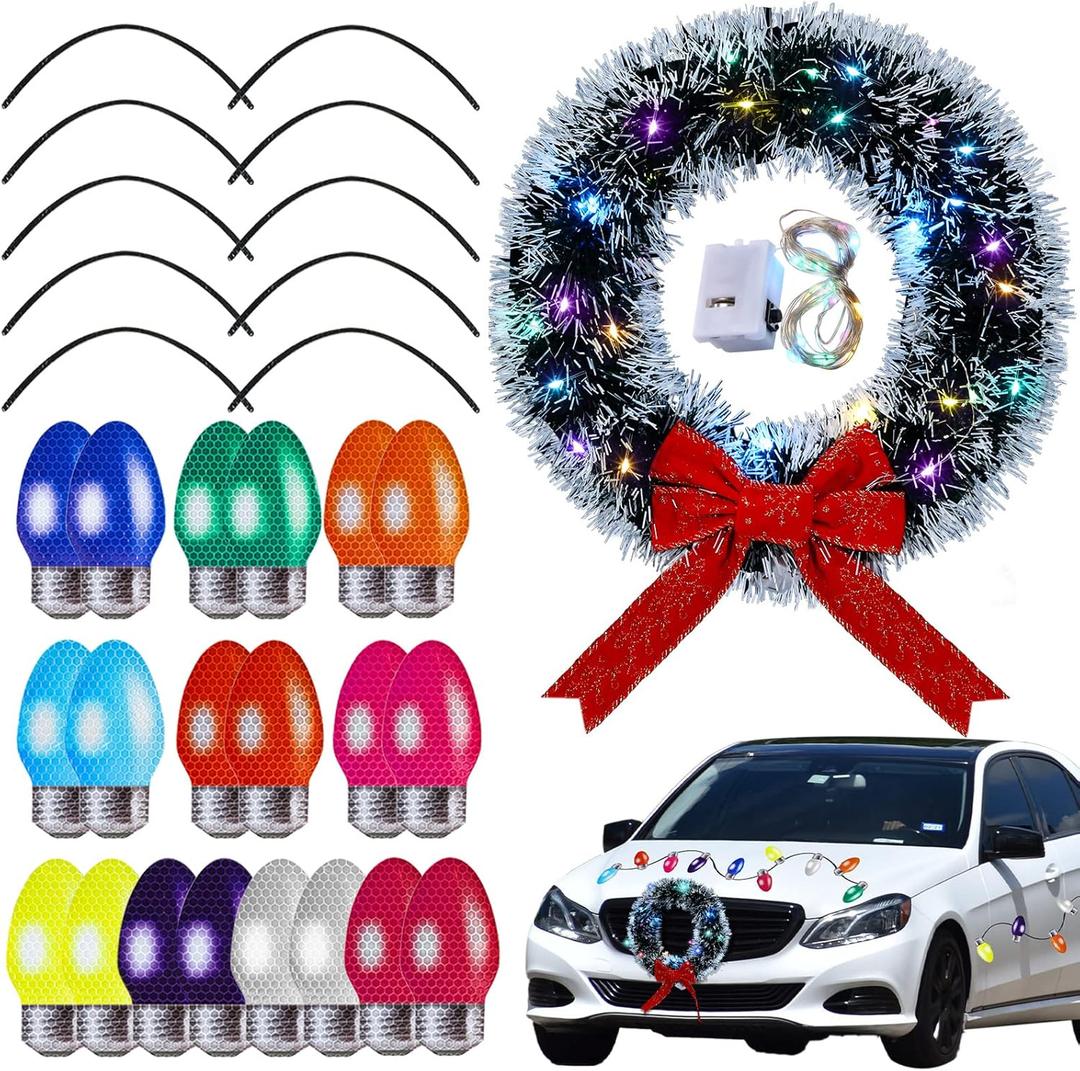 Christmas Car Wreath Magnetic Decorations Set with Artificial Car Wreath LED Light Reflective Bulb Light Shaped Car Magnets and Magnet Wires for Xmas Winter Party Car Garage Mailbox Decor (Frosted)