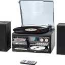 10 in 1 Record Player with Bluetooth Turntable CD Cassette USB SD MMC AM FM Radio Remote Control with Dual External Stereo Speakers