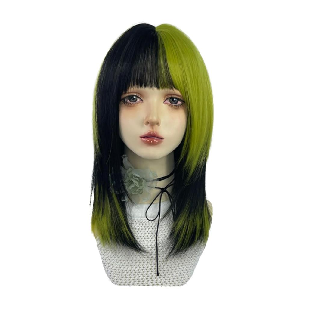 WKLOUYHE Short Straight Wig with Bangs for Women Shoulder Length Bob Women's Synthetic Wigs Heat Resistant Hair for Cosplay Halloween Daily Party Use (Black and Green)