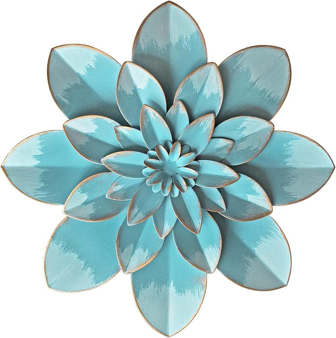 Light Sky Blue Metal Flower Wall Art Decor, 9.5 Rustic Modern Floral Sculpture, Distressed Hanging Home Decoration Accent Artworks for Indoor Bedroom Living Room Office Outdoor Garden Patio