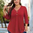 Siddhe Womens Plus Size Tops Button 3/4 Sleeve V Neck Blouses Dressy Casual Tunic Tops for Curvy Women Loose Fit XL-5XL (Red)