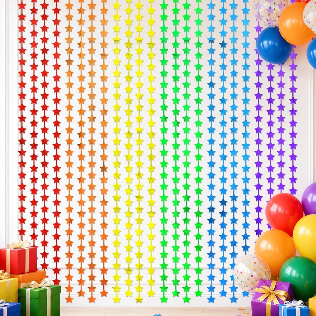 3 x LOLStar Rainbow Star Foil Fringe Curtains, Rainbow Stars Backdrop, 2 Pack