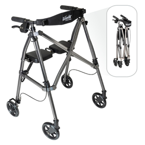 Stander Space Saver Rollator, Lightweight Folding Rolling Walker with Seat for Seniors & Adults, 4-Wheel Mobility Aid with 6-inch Wheels, Locking Brakes & Padded Seat with Backrest, Black Walnut