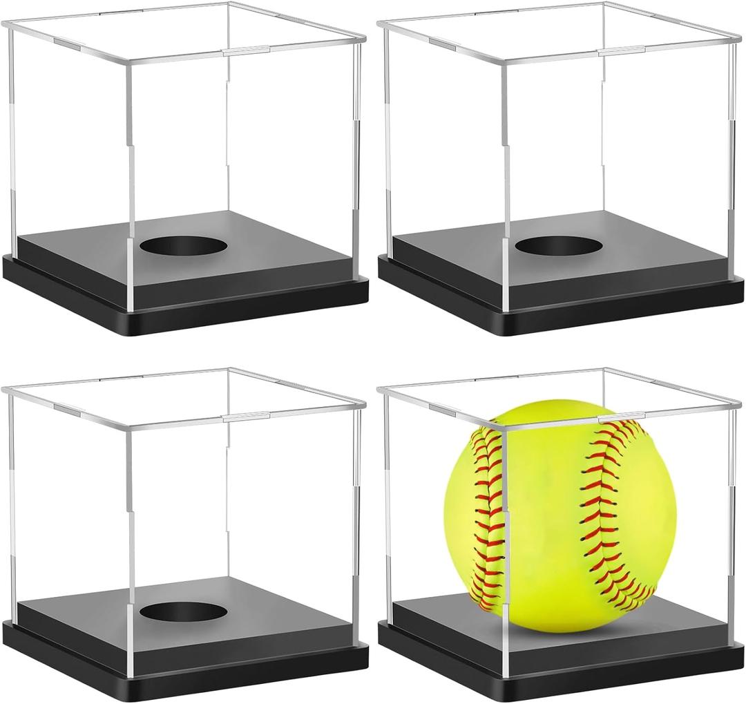Hooqict 4 Pack Arcylic Softball Display Case Clear Softball Holder UV Protected Stand Championship Display Case Memorabilia Square Box for Golf Tennis Game Ball Baseball