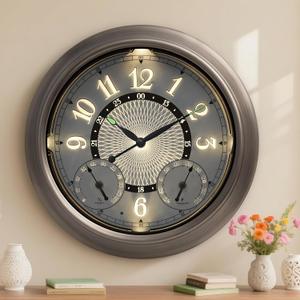 Pytha Sight Illuminated Large Metal Outdoor Clocks Waterproof 15 Inches with AI Auto Light Smart Sensor,Large Indoor Outdoor Wall Clocks with Thermometer & Hygrometer for Patio, Pool, Garden,Porch