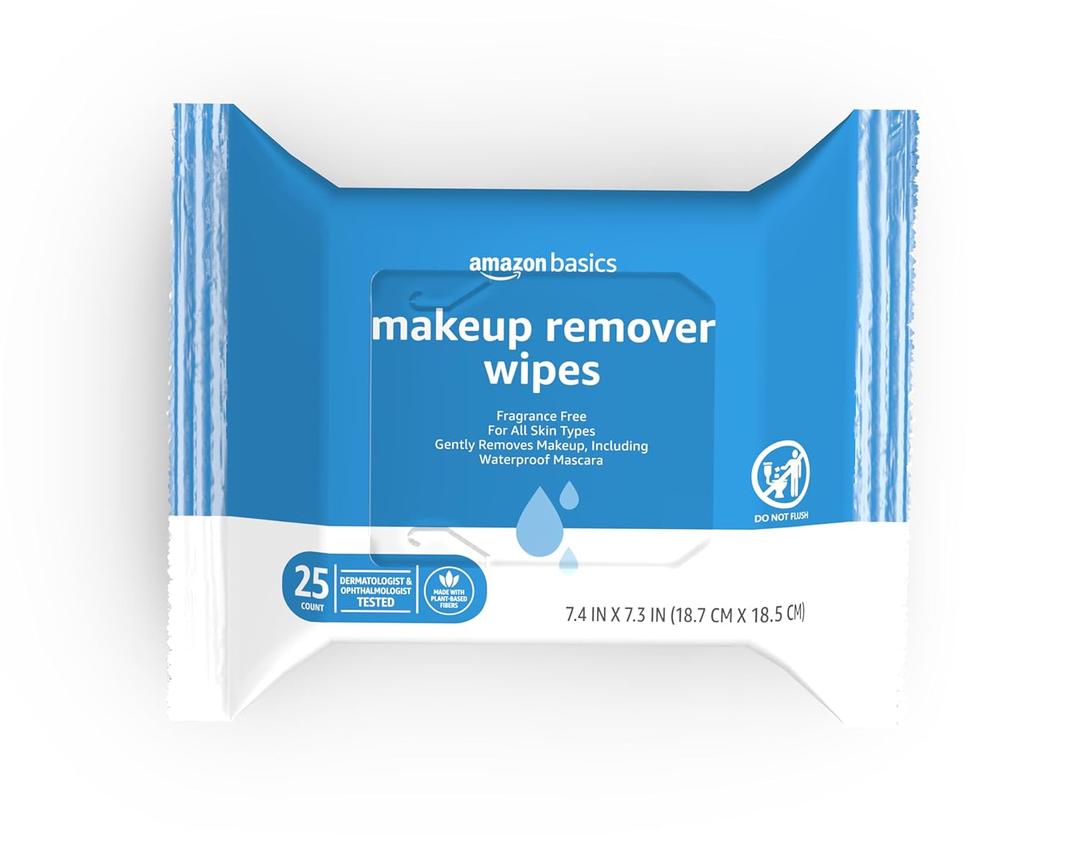 Amazon Basics Makeup Remover Wipes, Fragrance-Free, Alcohol-Free, Gentle Cleansing, Plant-Based, Dermatologist Tested, Removes Waterproof Mascara, Resealable, 25 Count, 1-Pack