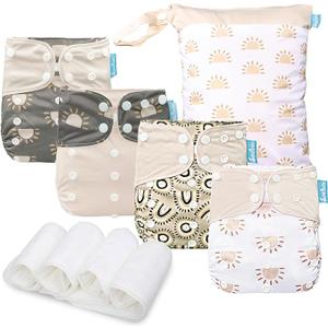 Baby Cloth Diapers Set - 4 Pack with 4 Inserts & 1 Wet/Dry Separation Bag, Reusable Infant Toddler Nappy, Adjustable Pocket Diapers for Baby Boys and Girls (6-33 pounds, 0-3 Years) (Style 3)