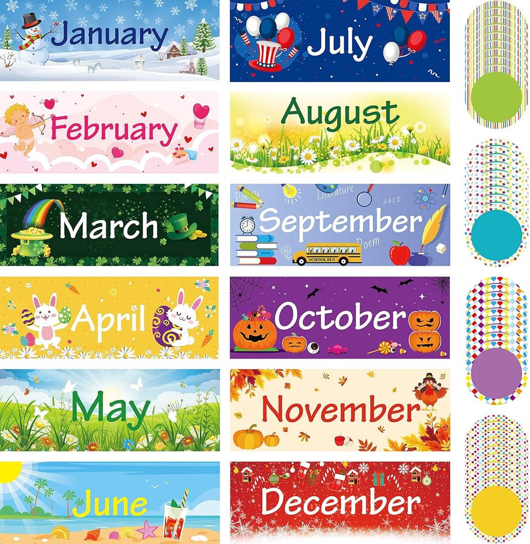 Zonon 48 Pieces Holiday Monthly Headliners Set 12 Months of The Year Headers Seasonal Monthly Bulletin Board Borders with 36 Round Blank Confetti Cutouts (Cute Style)
