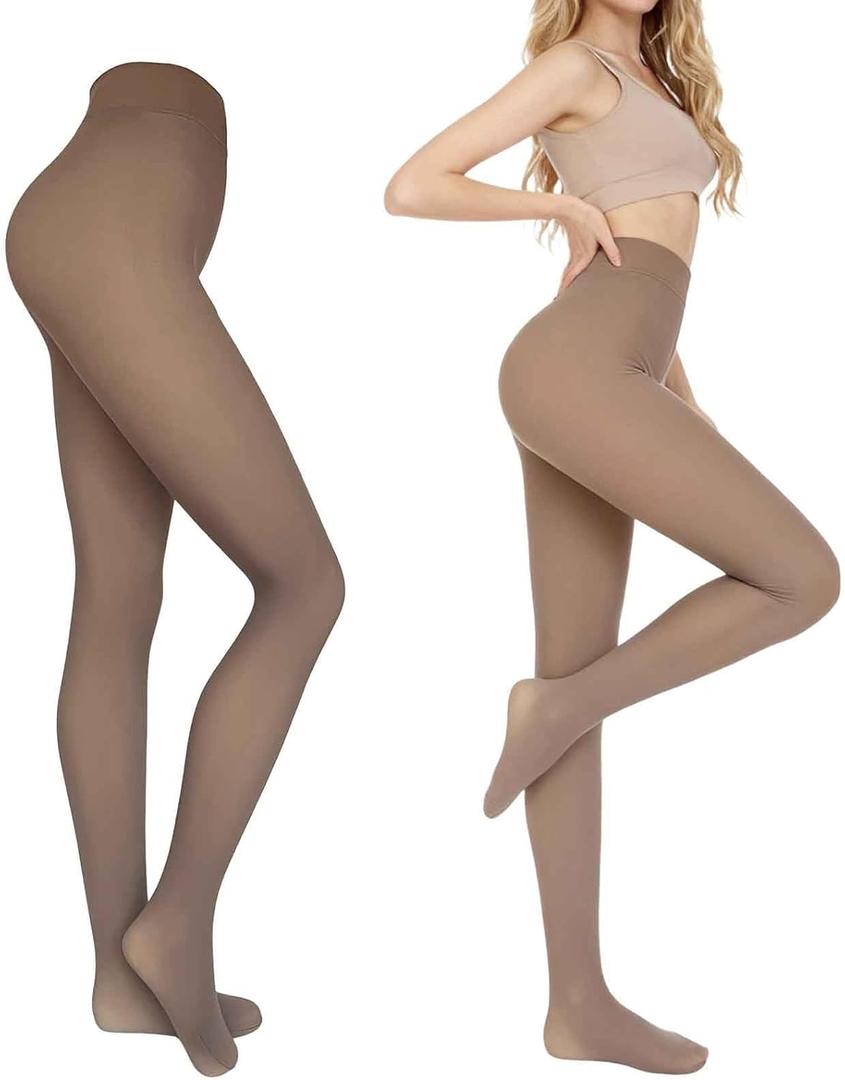 Fleece Lined Tights Women, Sheer Warm Pantyhose Fake Translucent Leggings, Winter Thermal Thick Tights for Women (Brown, S)