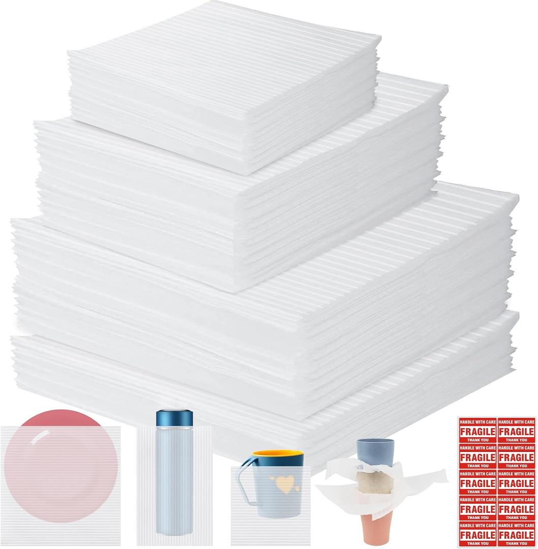 250 Packaging Supplies,200 Pack Foam Pouches and Sheets,3 Sizes(12"x12", 12"x7.5", 7.5"x7.5") with 50 Fragile Stickers,Cushion Foam for Moving,Packing,Transportation,Storage