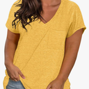 Womens Plus Size T Shirts V Neck Short Sleeve Side Split High Low Tops Casual Summer Tees with Pocket XL-5XL Yellow